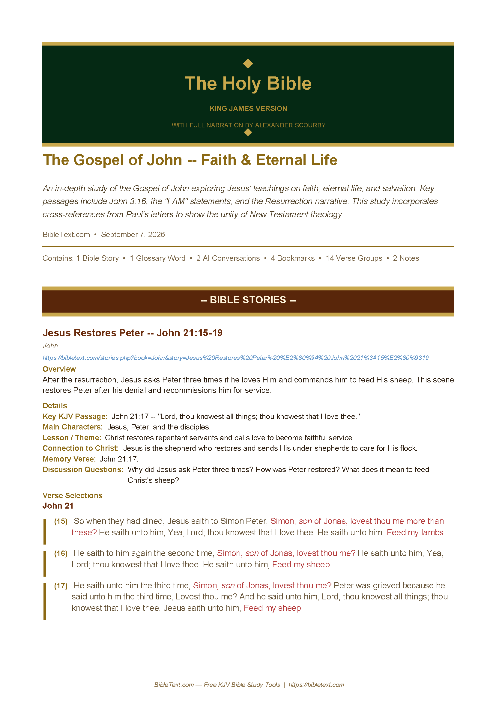 A sample exported PDF page showing the branded header and an indented verse selection with cross-references.