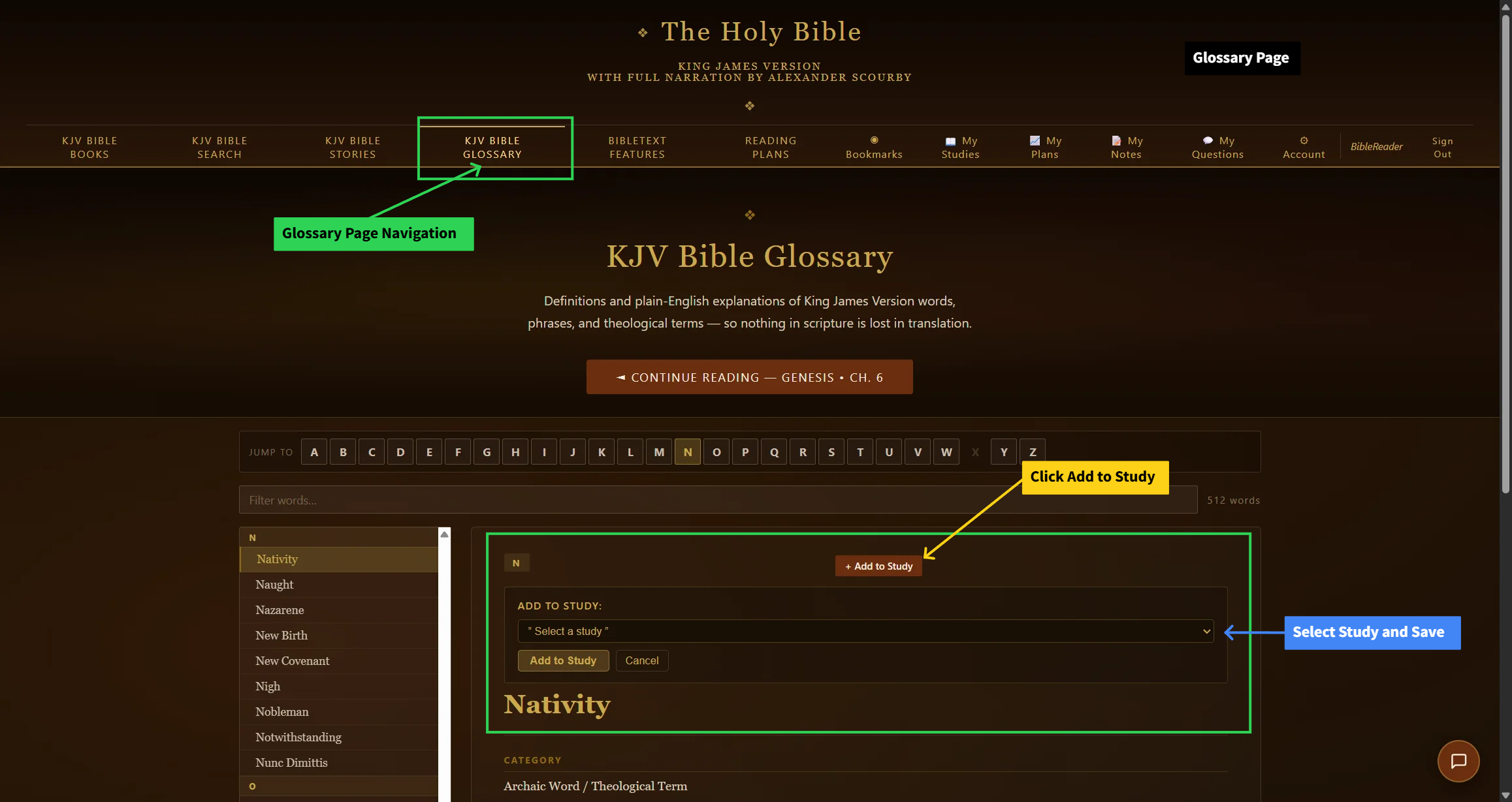 4. Glossary Words tab — close-up of this tool