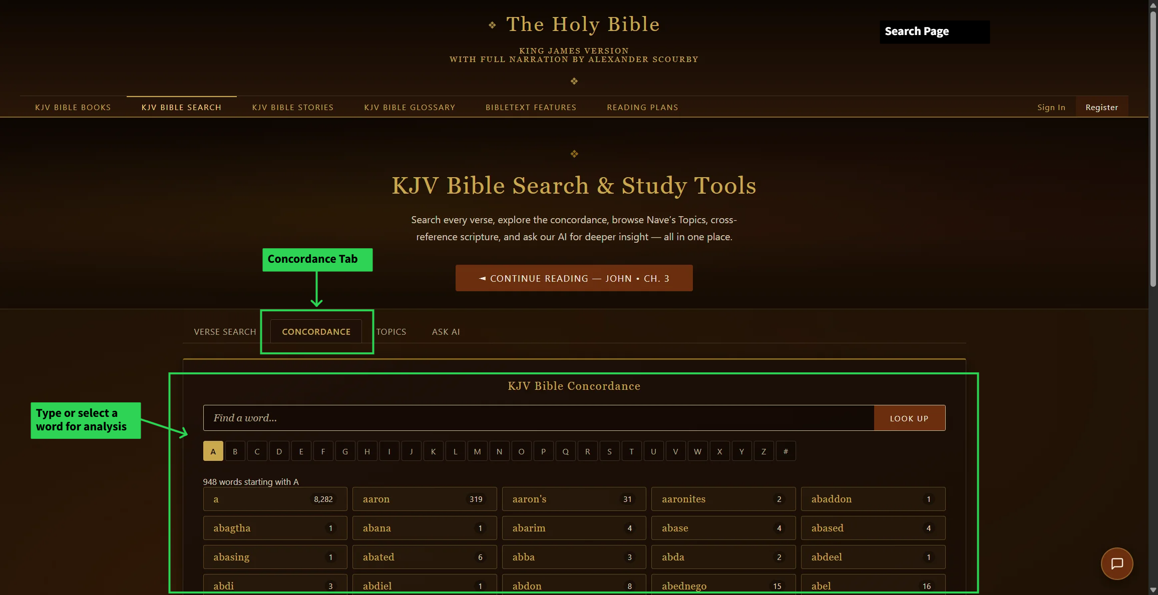 Concordance tab — close-up of this tool