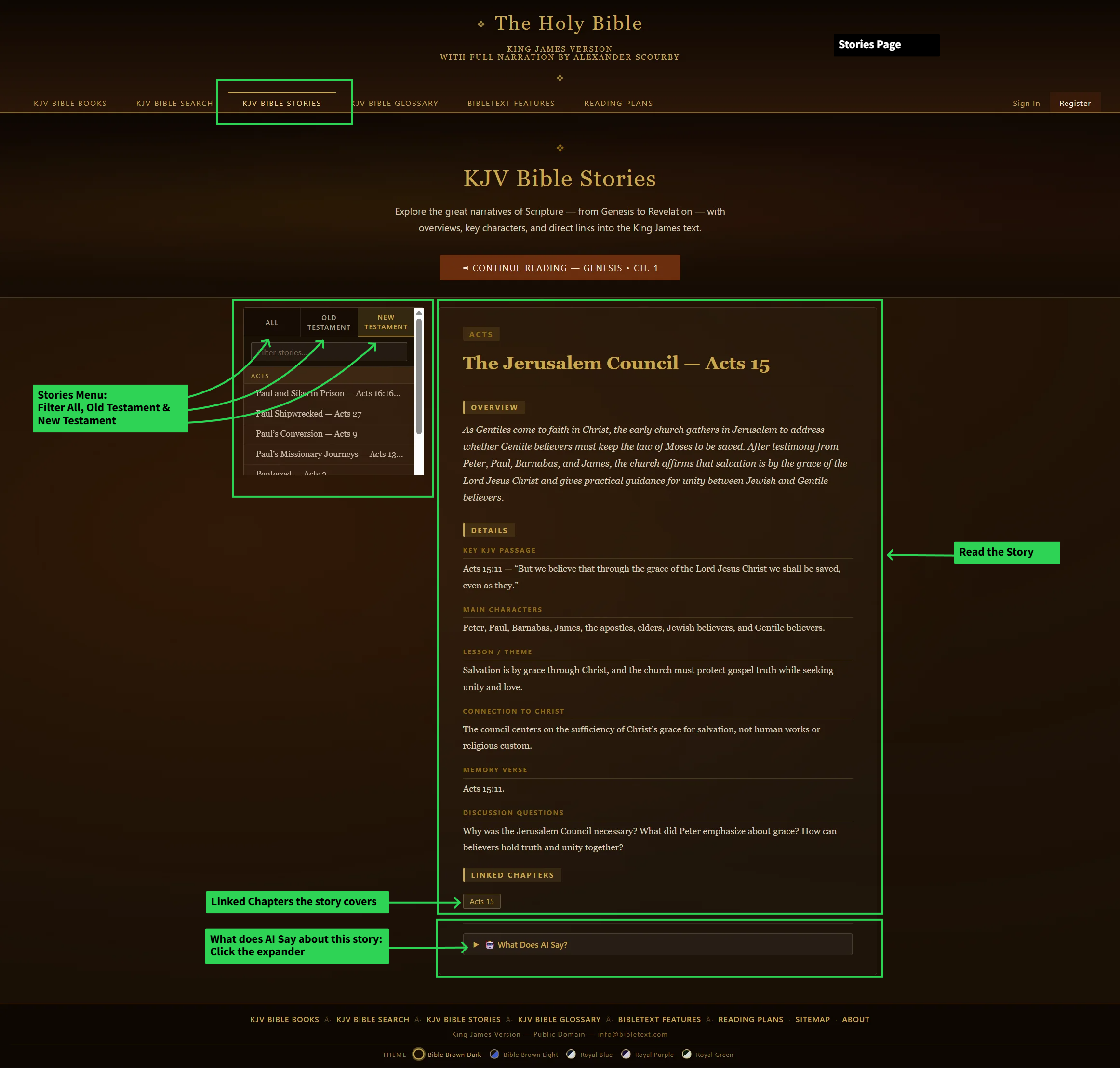 The Bible Stories page with the sticky filter card and a story list.