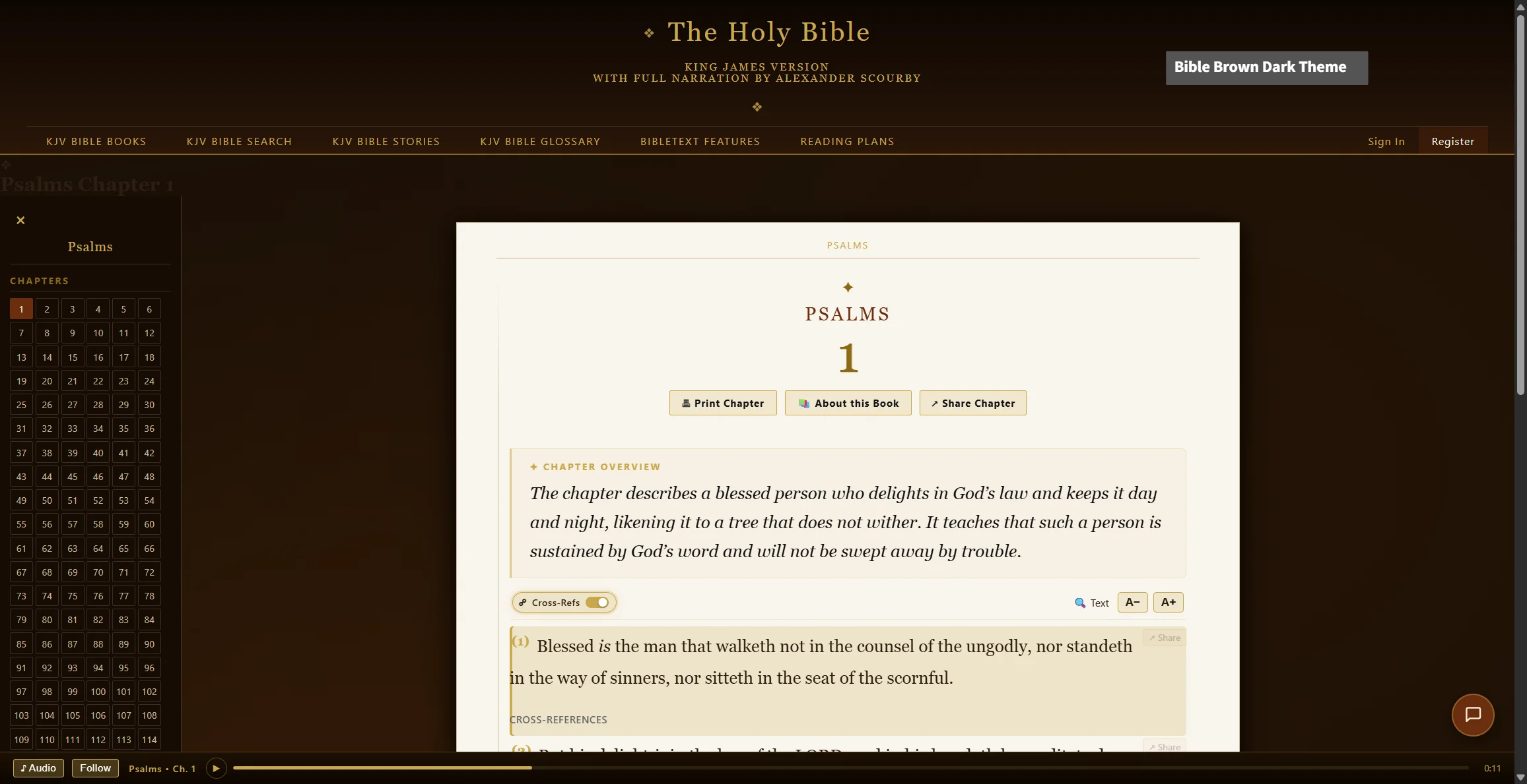 Bible Brown Dark theme — the reading page